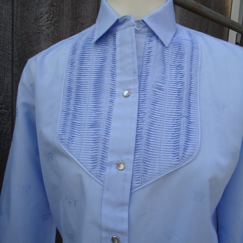 Vintage Blue Pearl Snap Western 80s Karman Blouse Pintuck Bib One snap Gone